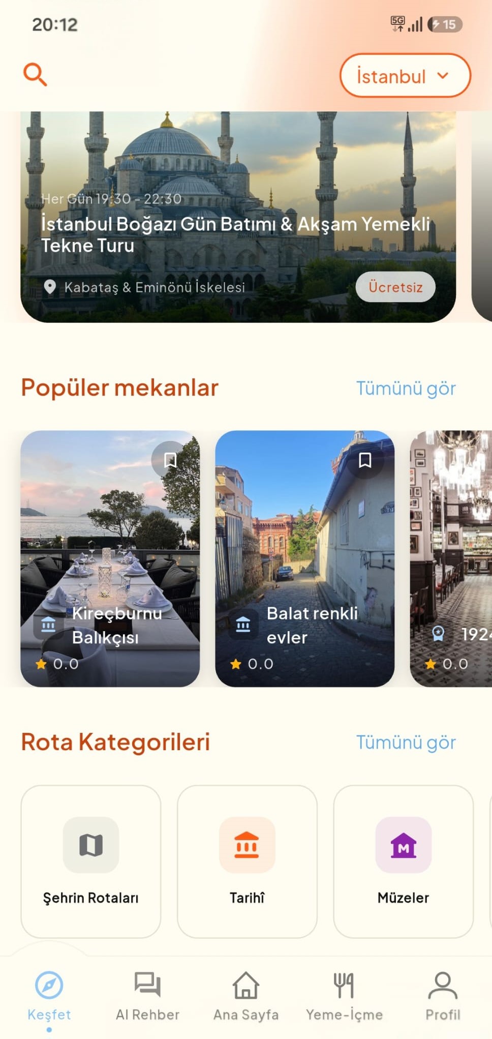 Rotalar — keşfet ekranı